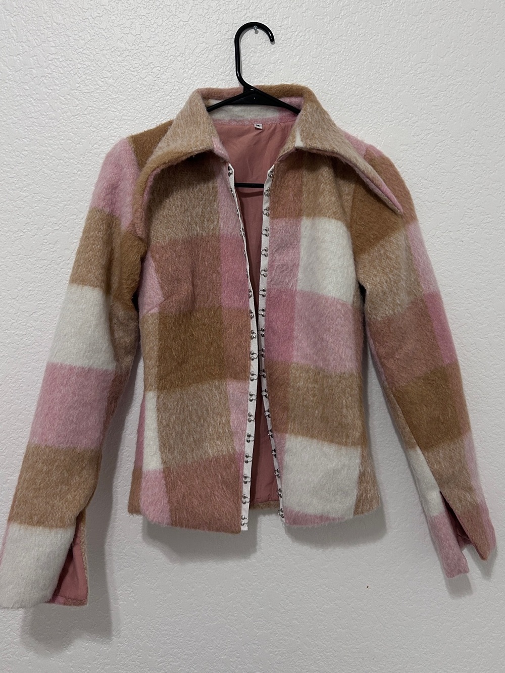 Women's Pink, Beige & Cream Check Wool-Blend Jacket